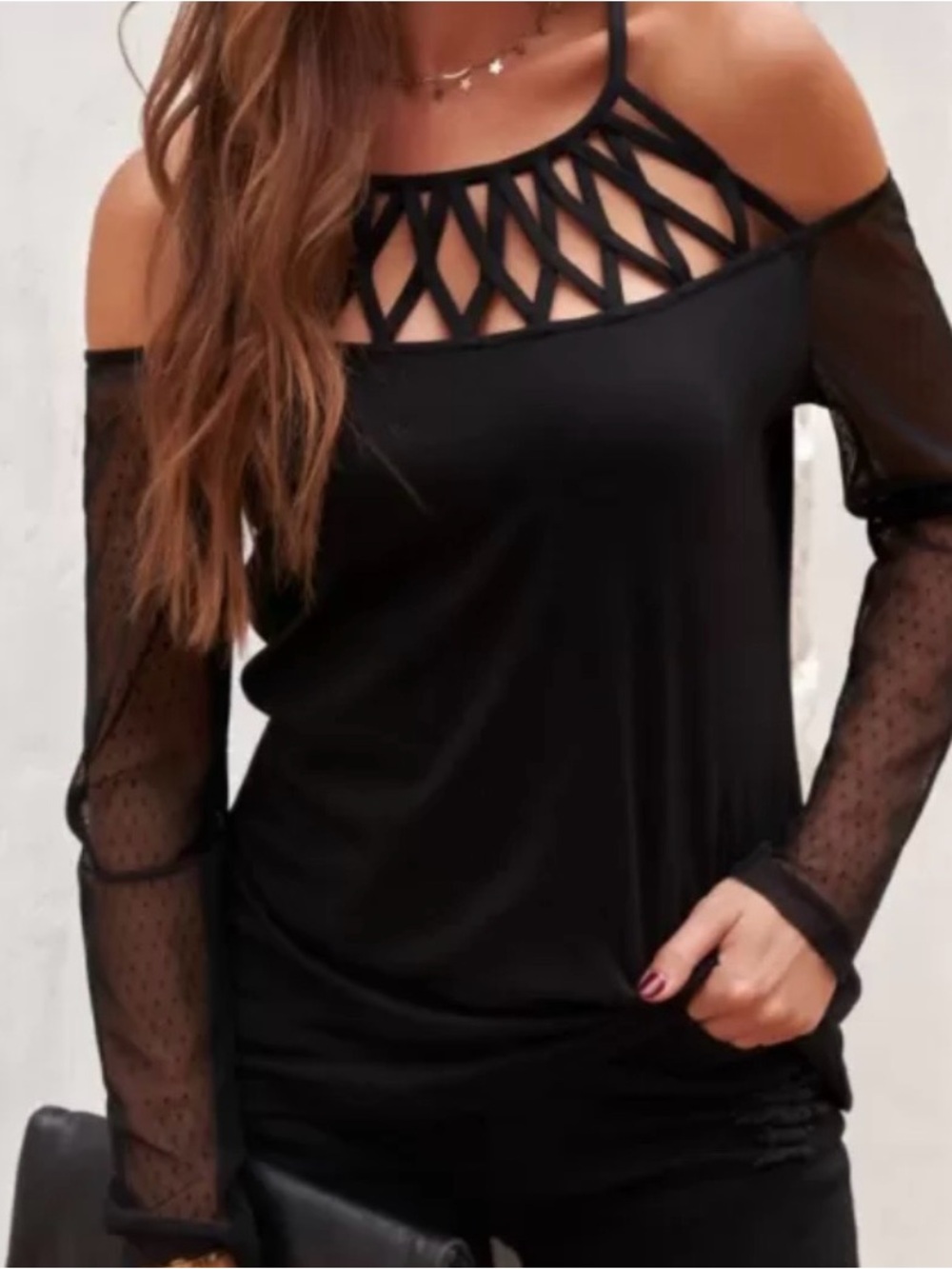 VENUS Black Long Sleeve Tee with Lattice Back Detail
